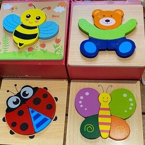 SKYFIELD Developmental Montessori Four Wooden Animal Puzzles Toddlers 1-3.  NWOT